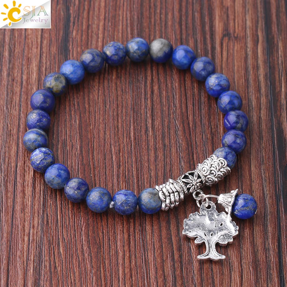 CSJA Natural Stone Lapis Lazuli Bracelets for Women Mens 8mm Blue Mala Beads Tree of Life Bracelet Charm Jewelry Meditation F783