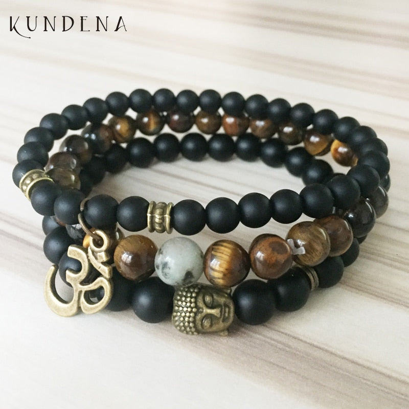 Mala Healing beads Tiger eye Matte Onyx Yoga Bracelets Bronze Buddha Om wrist Set of 3 bracelet for Man Gift For Him