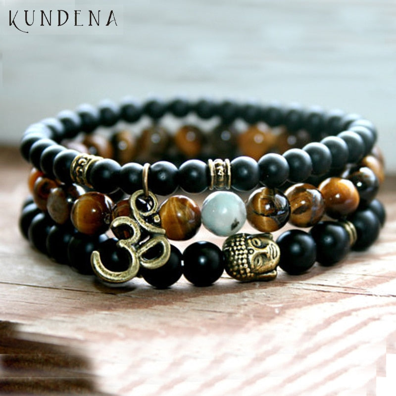 Mala Healing beads Tiger eye Matte Onyx Yoga Bracelets Bronze Buddha Om wrist Set of 3 bracelet for Man Gift For Him