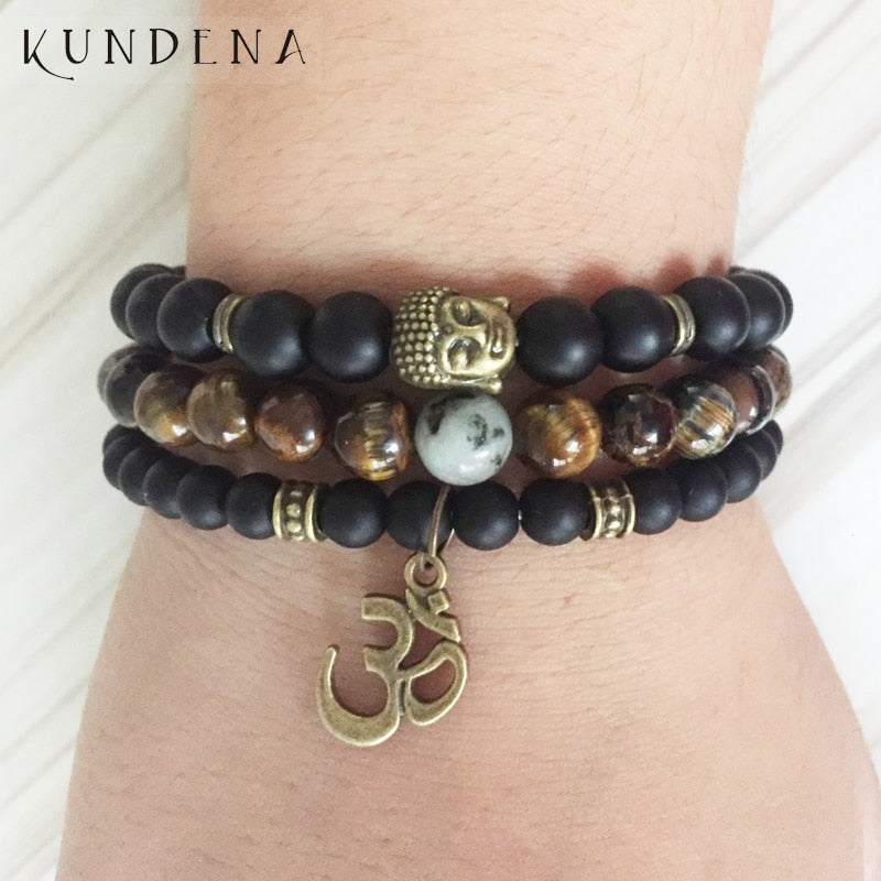 Mala Healing beads Tiger eye Matte Onyx Yoga Bracelets Bronze Buddha Om wrist Set of 3 bracelet for Man Gift For Him