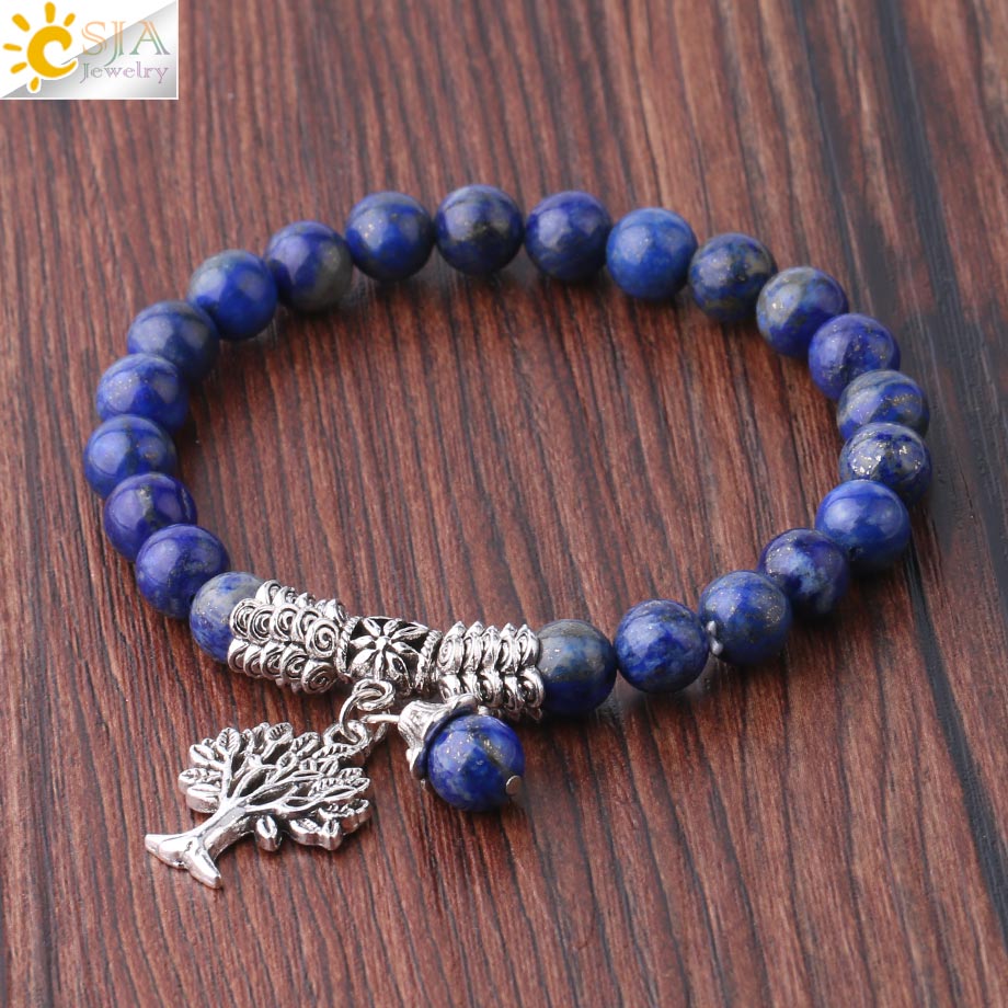 CSJA Natural Stone Lapis Lazuli Bracelets for Women Mens 8mm Blue Mala Beads Tree of Life Bracelet Charm Jewelry Meditation F783