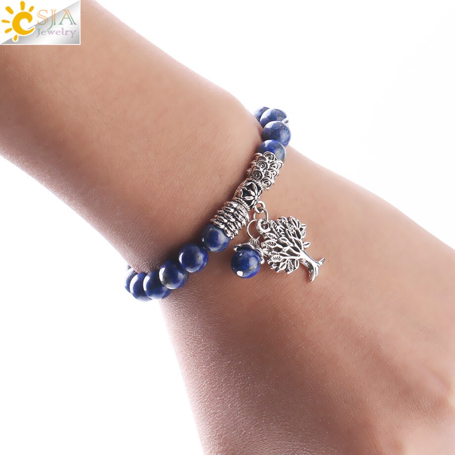 CSJA Natural Stone Lapis Lazuli Bracelets for Women Mens 8mm Blue Mala Beads Tree of Life Bracelet Charm Jewelry Meditation F783