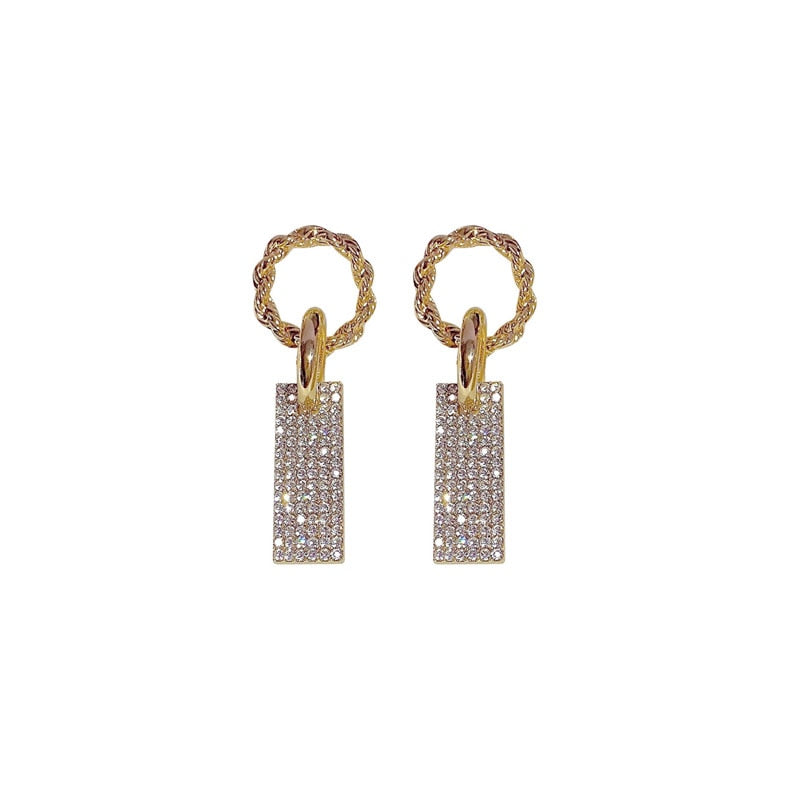 Korean Fashion Bling Bling Rhinestones Drop Earrings for Women Metallic Geometric Dangle Earrings Temperament Jewellery