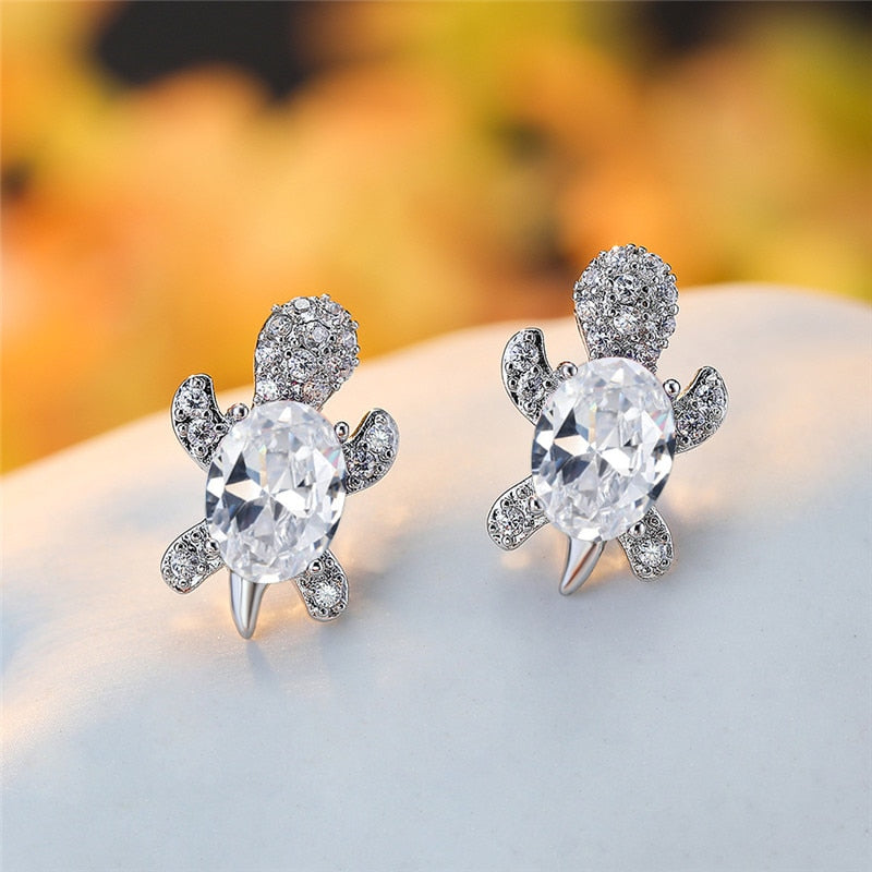 Blue Purple Oval Gradient Zircon Rainbow Stone Turtle Stud Earrings For Women Fashion Jewelry Multicolor Crystal Animal Earrings