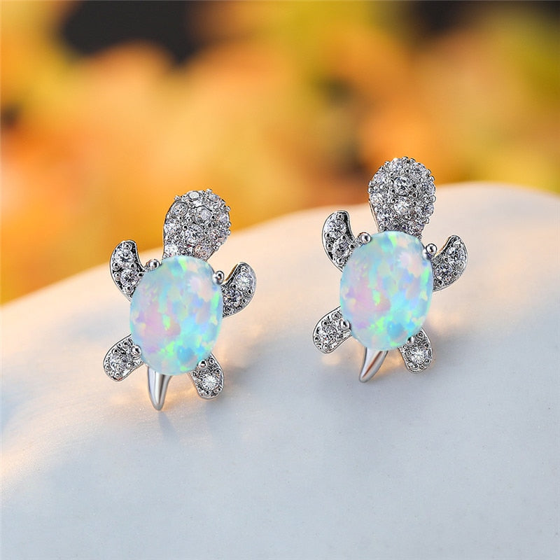 Blue Purple Oval Gradient Zircon Rainbow Stone Turtle Stud Earrings For Women Fashion Jewelry Multicolor Crystal Animal Earrings