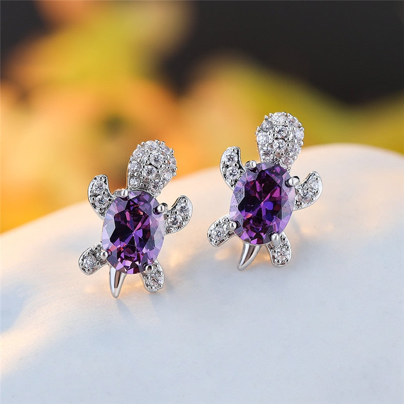 Blue Purple Oval Gradient Zircon Rainbow Stone Turtle Stud Earrings For Women Fashion Jewelry Multicolor Crystal Animal Earrings