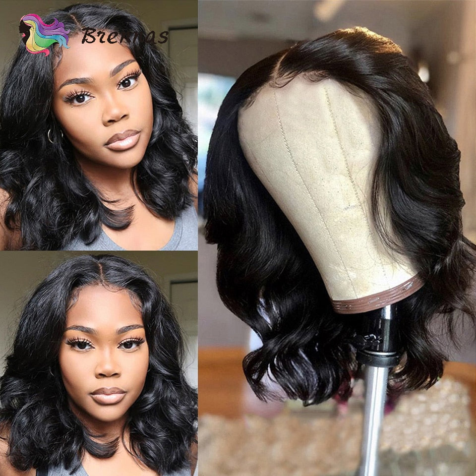 Body Wave Bob Wig Side Part Peruvian Human Hair 13x4 Lace Frontal  Wig Natural Color Lace closure Wigs For black Women Brennas