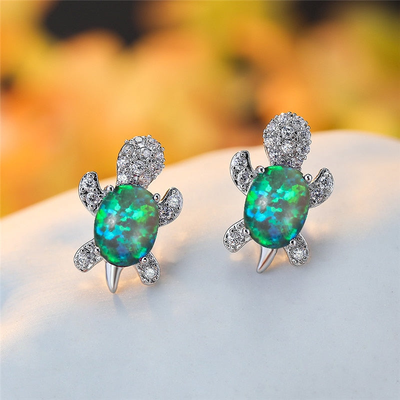 Blue Purple Oval Gradient Zircon Rainbow Stone Turtle Stud Earrings For Women Fashion Jewelry Multicolor Crystal Animal Earrings