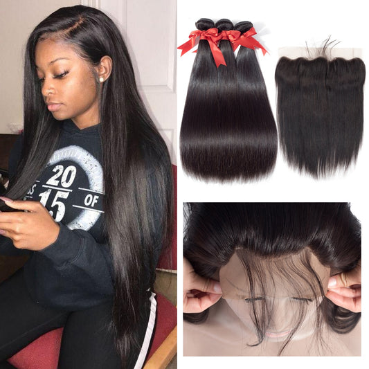 Straight Hair Bundles With Frontal 13x4 Lace Closure Brazilian Hair Weave Bundles 32 34 36 Human Hair 3 4 Bundles With Closure