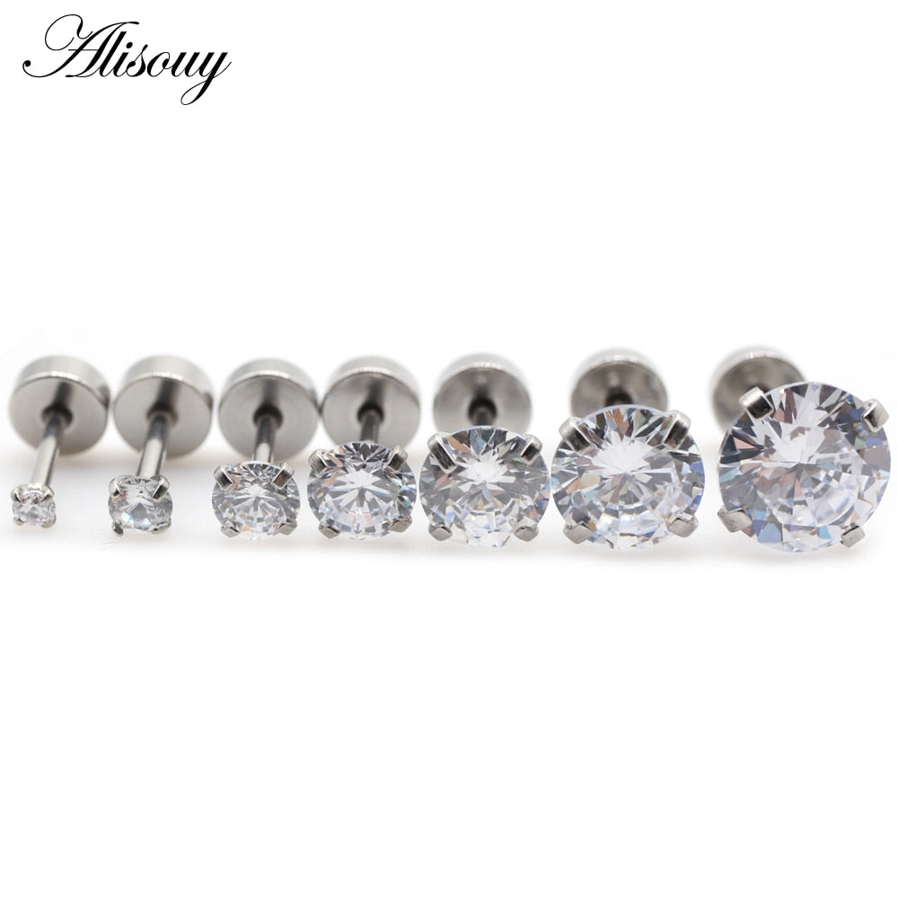 Alisouy 2pcs Stainless steel Unisex Women Men Round Crystal Zircon Ear Studs Earrings  4 Prong Tragus Cartilage Piercing Jewelry