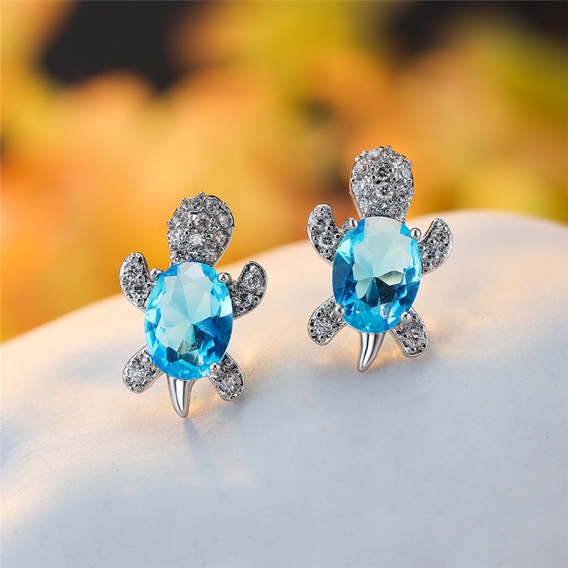 Blue Purple Oval Gradient Zircon Rainbow Stone Turtle Stud Earrings For Women Fashion Jewelry Multicolor Crystal Animal Earrings