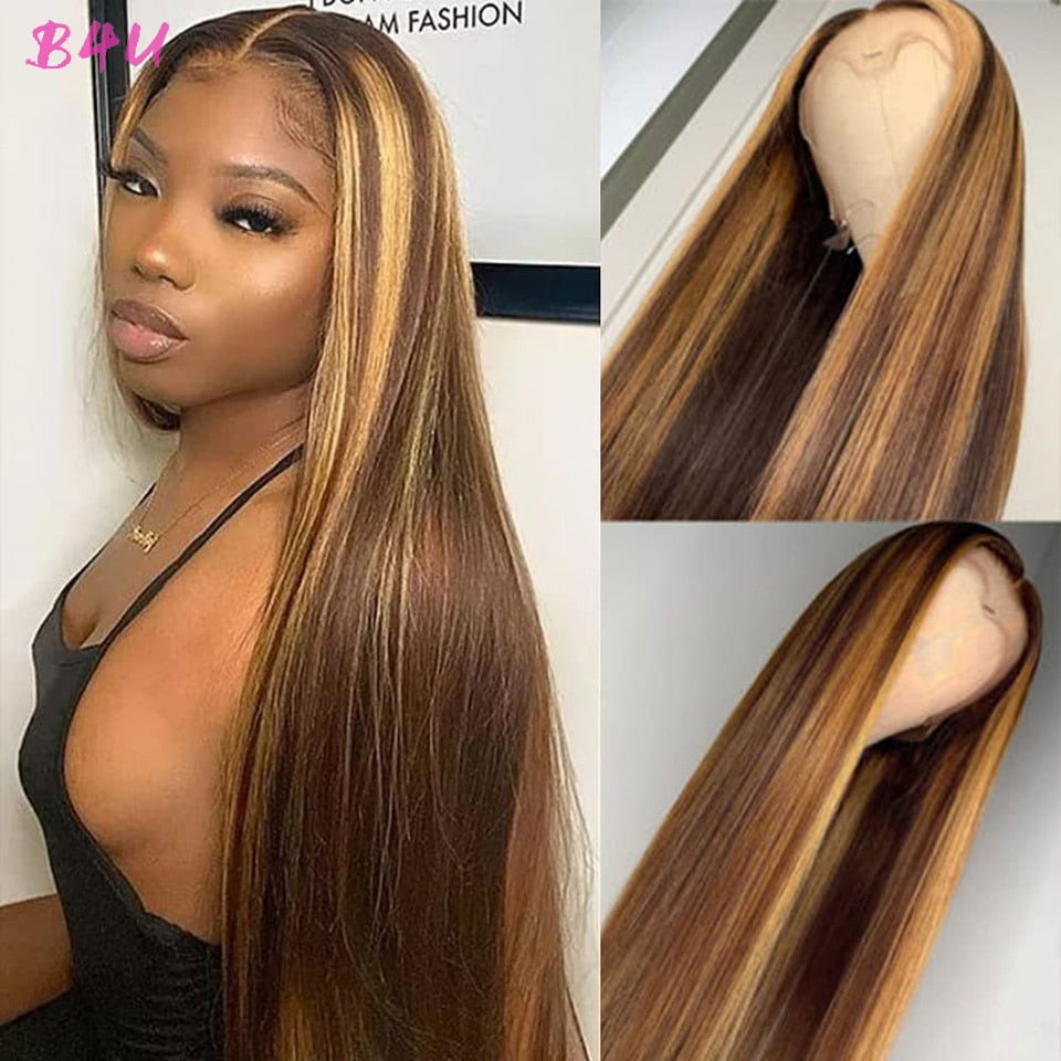 B4U Highlight Wig Human Hair Honey Blonde Transparent Lace Wigs Remy T Part Brazilian Bone Straight Lace Front Human Hair Wigs