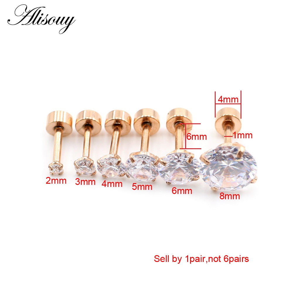 Alisouy 2pcs Stainless steel Unisex Women Men Round Crystal Zircon Ear Studs Earrings  4 Prong Tragus Cartilage Piercing Jewelry