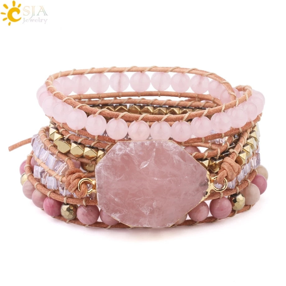 CSJA Natural Stone Bracelet Pink Quartz Leather Wrap Bracelets for Women Rose Gems Crystal Beads Bohemia  Jewelry 5 Strand S308