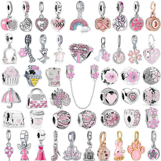 Pink Color Crystal Beads Heart Ladybug Love Flower Pendant  Bracelet DIY Charm Lady Jewelry Gift