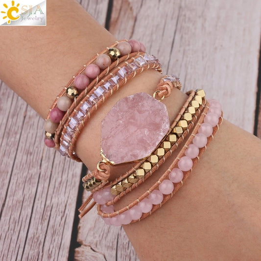 CSJA Natural Stone Bracelet Pink Quartz Leather Wrap Bracelets for Women Rose Gems Crystal Beads Bohemia  Jewelry 5 Strand S308