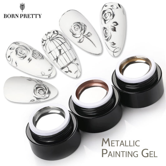 BORN PRETTY Sparkling Metallic Painting Gel Polish Soak Off Gel Nail Polish Flower Drawing Gold Silver Mirror Glitter UV Gel 5ml