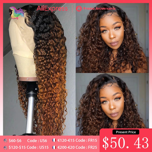 Ombre Curly Lace Front Human Hair Wigs For Women Bleached Knots Density180 Preplucked 13x4 Brazilian Hair Curly Lace Frontal Wig