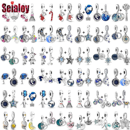 Seialoy 2pcs/lot Aircraft Earth Beads Charm Star Astronaut Pendant Rainbow Unicorn Dangle DIY Jewelry Bracelets Accessory