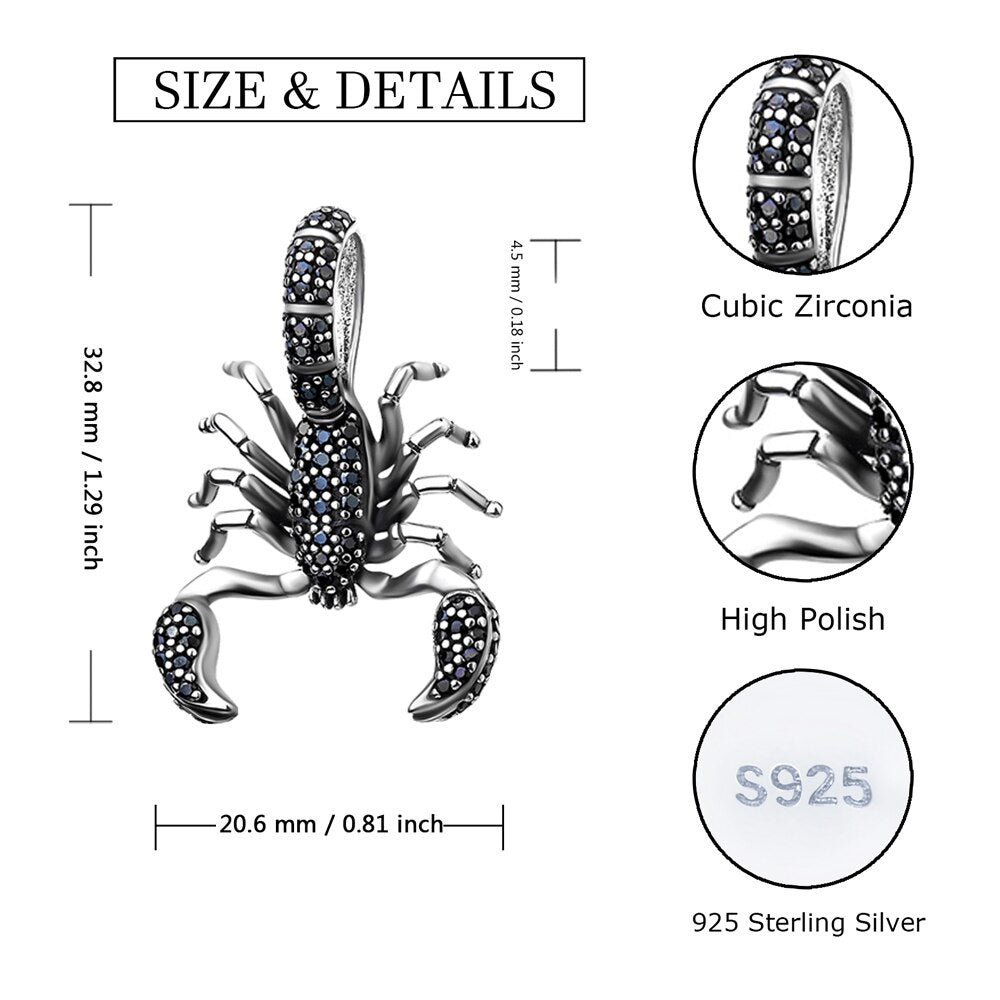 Fine Animal Black Scorpion Pendant with Black Charm 925 Silver Sterling Beads Fit Original European Bracelet Jewelry Gift