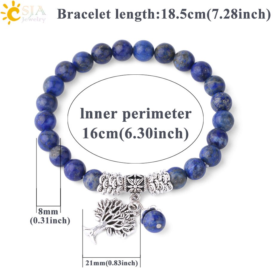 CSJA Natural Stone Lapis Lazuli Bracelets for Women Mens 8mm Blue Mala Beads Tree of Life Bracelet Charm Jewelry Meditation F783