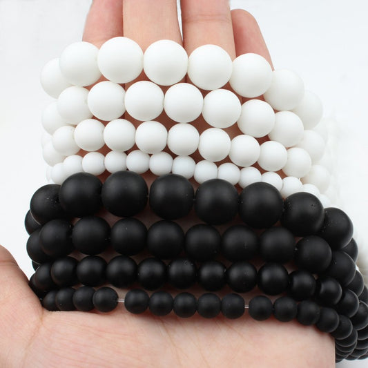 Natural Stone White Black Dull Polish Matte Onyx Agates Smooth Round Beads for Jewelry Making DIY Bracelet 15&quot; Strand 4-12mm