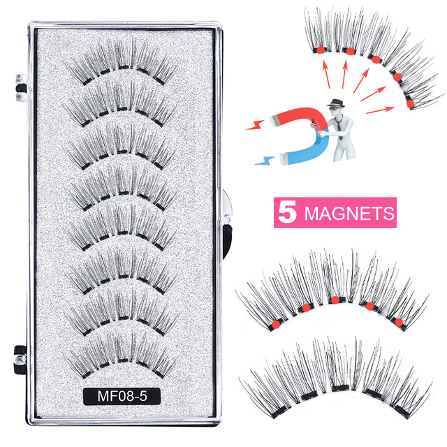 8 pcs/2 pairs magnetic eyelashes with 5 magnets, reusable handmade 3D mink false eyelashes natural with magnetic tweezers