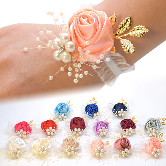 Girls Bridesmaid Wrist Flowers Wedding Prom Party Boutonniere Satin Rose Bracelet Fabric Hand Flowers Wedding Supply Accessories