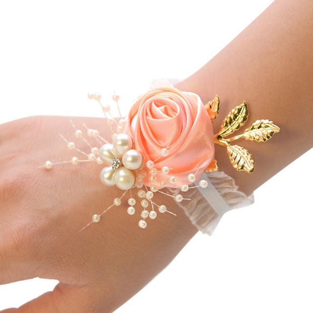 Girls Bridesmaid Wrist Flowers Wedding Prom Party Boutonniere Satin Rose Bracelet Fabric Hand Flowers Wedding Supply Accessories