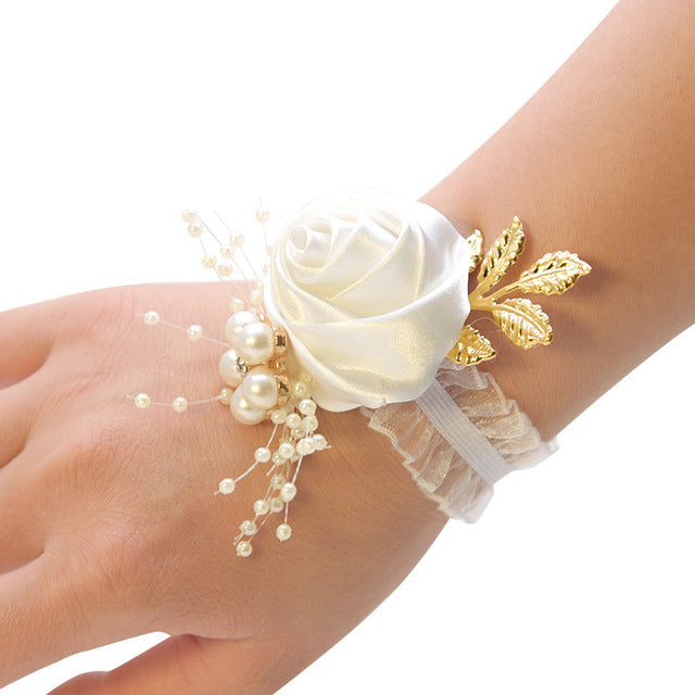 Girls Bridesmaid Wrist Flowers Wedding Prom Party Boutonniere Satin Rose Bracelet Fabric Hand Flowers Wedding Supply Accessories