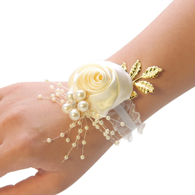 Girls Bridesmaid Wrist Flowers Wedding Prom Party Boutonniere Satin Rose Bracelet Fabric Hand Flowers Wedding Supply Accessories