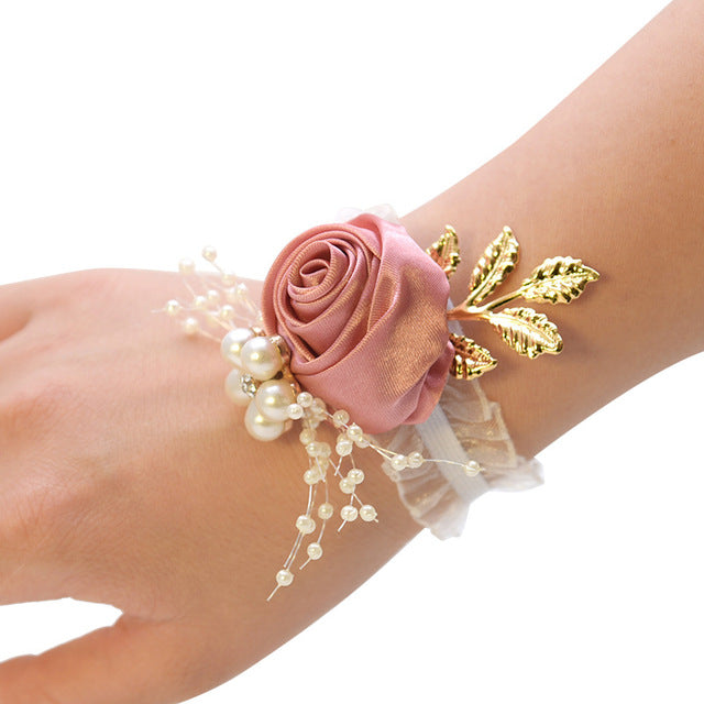 Girls Bridesmaid Wrist Flowers Wedding Prom Party Boutonniere Satin Rose Bracelet Fabric Hand Flowers Wedding Supply Accessories