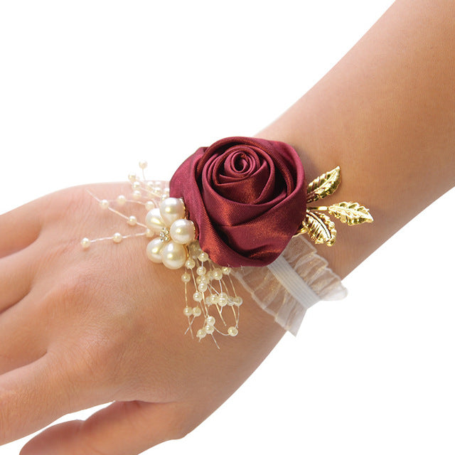 Girls Bridesmaid Wrist Flowers Wedding Prom Party Boutonniere Satin Rose Bracelet Fabric Hand Flowers Wedding Supply Accessories