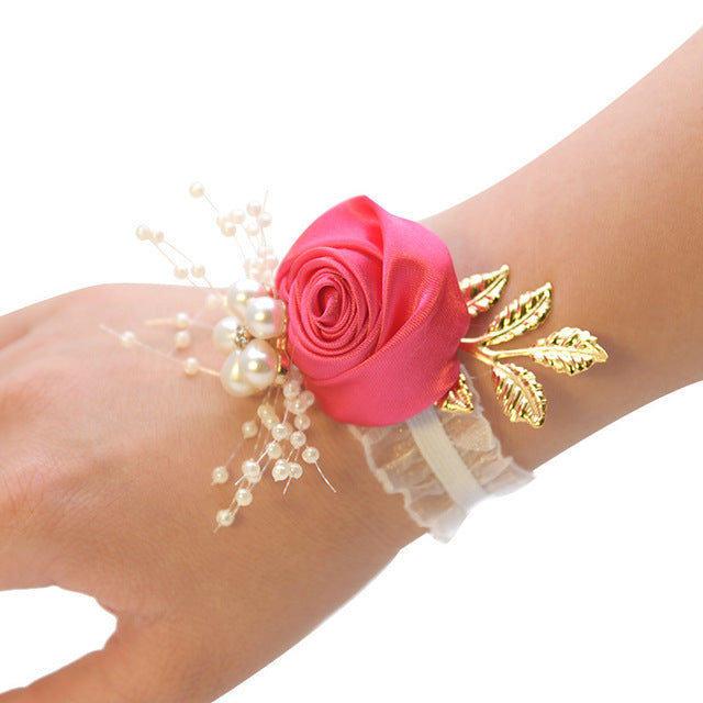 Girls Bridesmaid Wrist Flowers Wedding Prom Party Boutonniere Satin Rose Bracelet Fabric Hand Flowers Wedding Supply Accessories