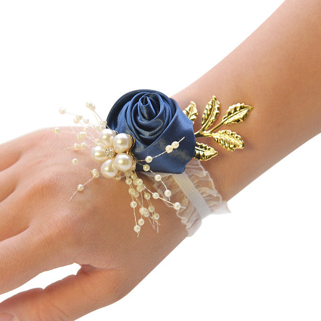 Girls Bridesmaid Wrist Flowers Wedding Prom Party Boutonniere Satin Rose Bracelet Fabric Hand Flowers Wedding Supply Accessories