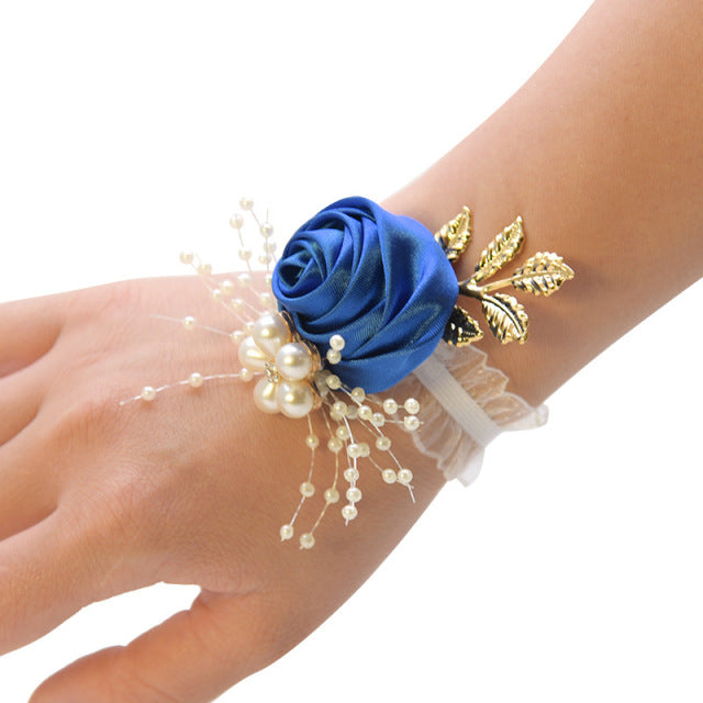 Girls Bridesmaid Wrist Flowers Wedding Prom Party Boutonniere Satin Rose Bracelet Fabric Hand Flowers Wedding Supply Accessories