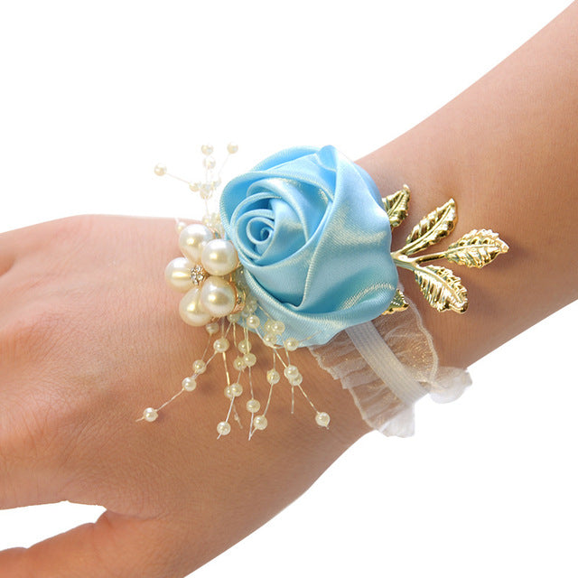 Girls Bridesmaid Wrist Flowers Wedding Prom Party Boutonniere Satin Rose Bracelet Fabric Hand Flowers Wedding Supply Accessories