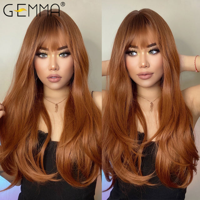 GEMMA Red Brown Copper Ginger Long Straight Synthetic Wigs for Women Natural Wave Wigs with Bangs Heat Resistant Cosplay Hair