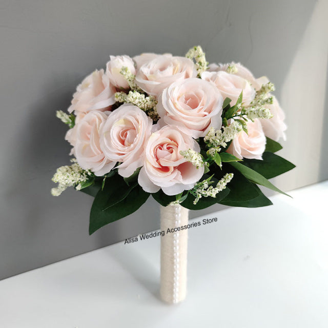 Bridal Bridesmaid Wedding Bouquet White Silk Flowers Roses Artificial Bride Boutonniere Pins Mariage Bouquet Wedding Accessories