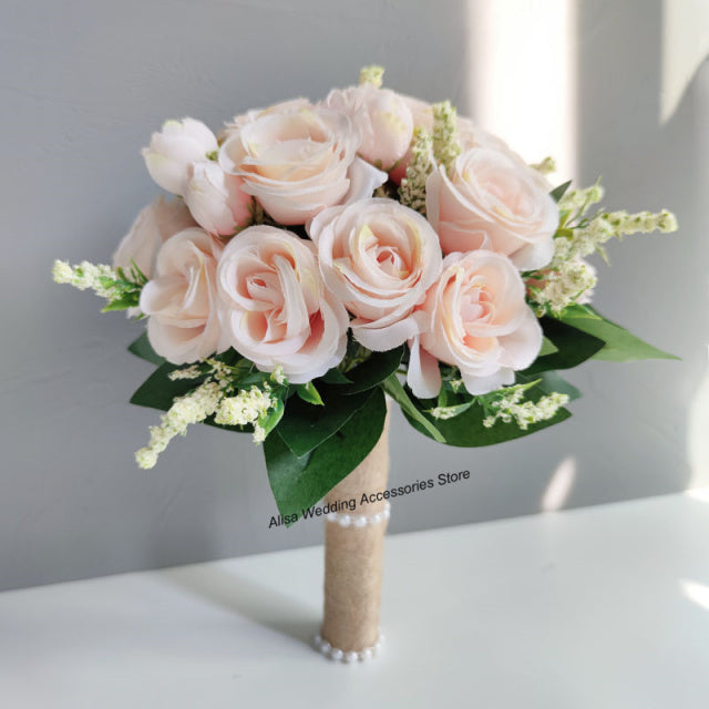 Bridal Bridesmaid Wedding Bouquet White Silk Flowers Roses Artificial Bride Boutonniere Pins Mariage Bouquet Wedding Accessories