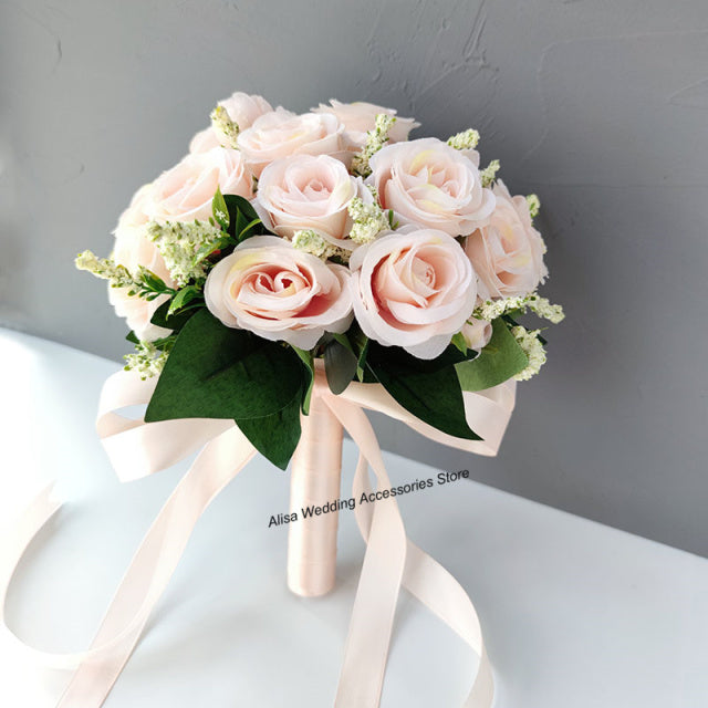 Bridal Bridesmaid Wedding Bouquet White Silk Flowers Roses Artificial Bride Boutonniere Pins Mariage Bouquet Wedding Accessories