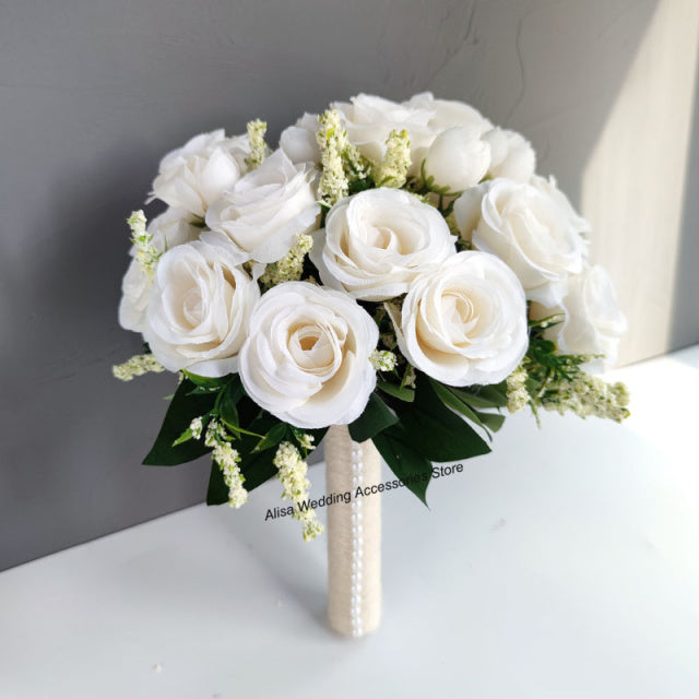 Bridal Bridesmaid Wedding Bouquet White Silk Flowers Roses Artificial Bride Boutonniere Pins Mariage Bouquet Wedding Accessories