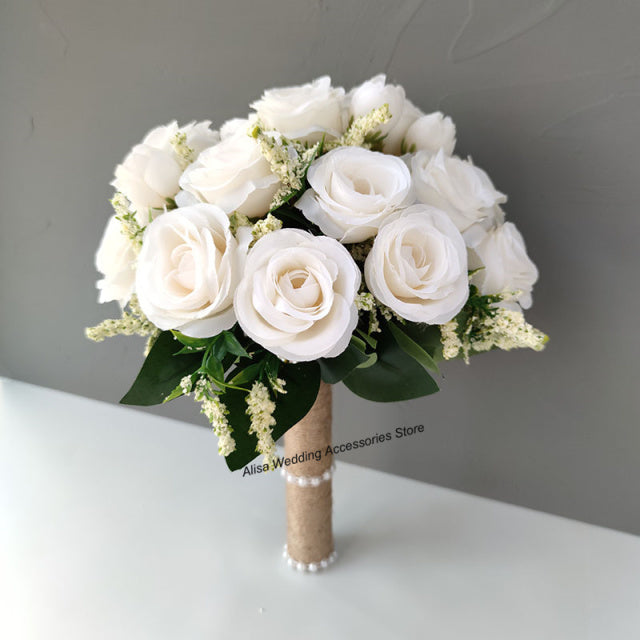 Bridal Bridesmaid Wedding Bouquet White Silk Flowers Roses Artificial Bride Boutonniere Pins Mariage Bouquet Wedding Accessories