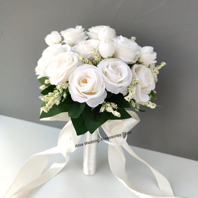 Bridal Bridesmaid Wedding Bouquet White Silk Flowers Roses Artificial Bride Boutonniere Pins Mariage Bouquet Wedding Accessories