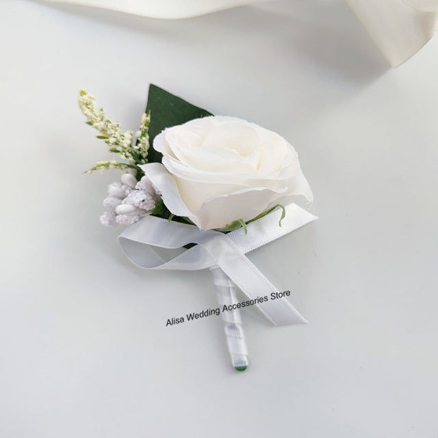 Bridal Bridesmaid Wedding Bouquet White Silk Flowers Roses Artificial Bride Boutonniere Pins Mariage Bouquet Wedding Accessories