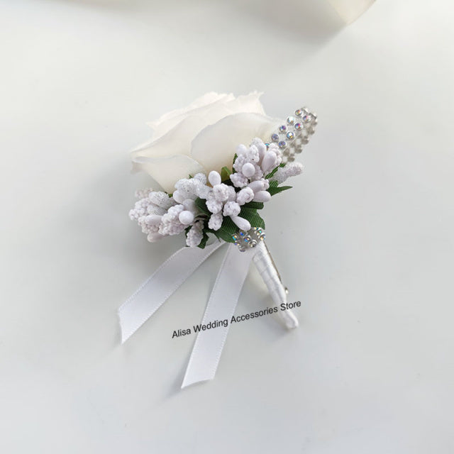 Bridal Bridesmaid Wedding Bouquet White Silk Flowers Roses Artificial Bride Boutonniere Pins Mariage Bouquet Wedding Accessories