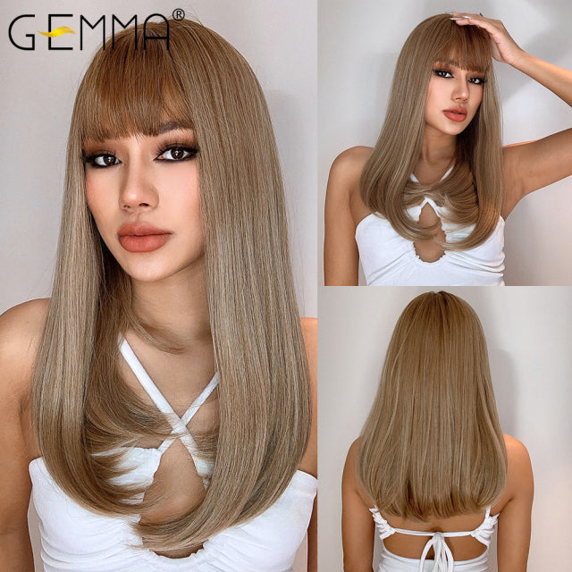 GEMMA Red Brown Copper Ginger Long Straight Synthetic Wigs for Women Natural Wave Wigs with Bangs Heat Resistant Cosplay Hair