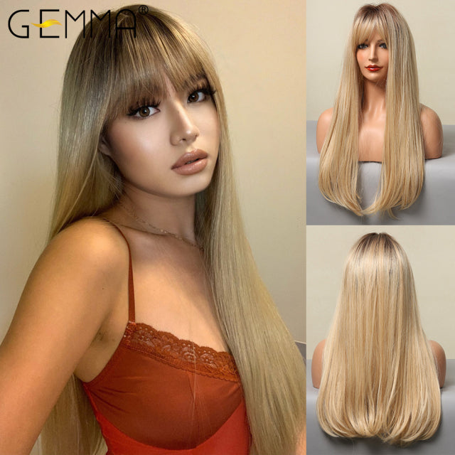 GEMMA Red Brown Copper Ginger Long Straight Synthetic Wigs for Women Natural Wave Wigs with Bangs Heat Resistant Cosplay Hair