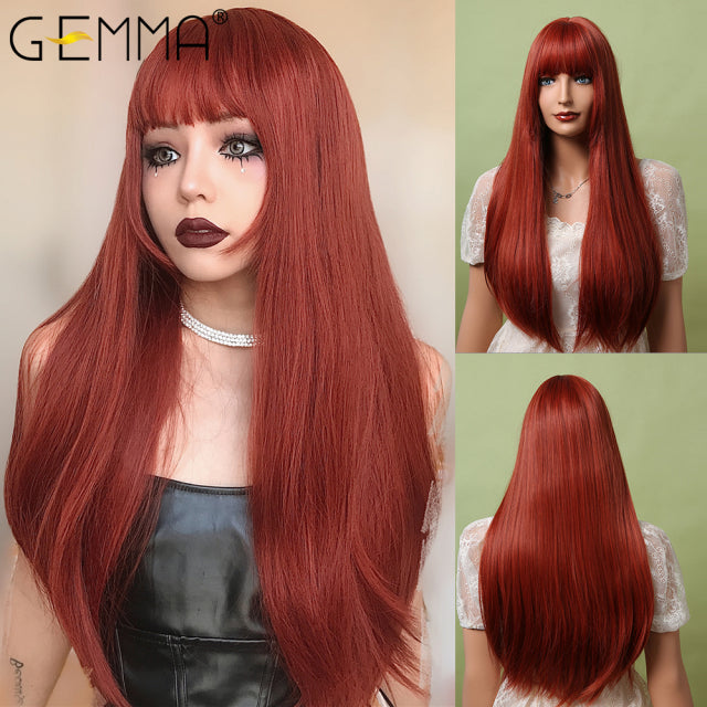 GEMMA Red Brown Copper Ginger Long Straight Synthetic Wigs for Women Natural Wave Wigs with Bangs Heat Resistant Cosplay Hair