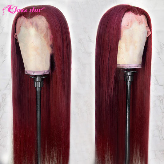 Burgundy 13x4 HD Transparent Lace Front Human Hair Wigs 99J Straight Lace Frontal Wig For Women Pre Plucked Non-Remy Jazz Star